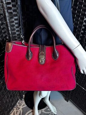 Dooney and Burke red canvas tote with dark brown leather
